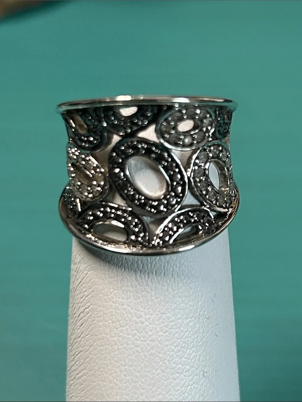 Art Deco Diamond Chip and Marcasite Wide Band Sterling Silver Ring size 6